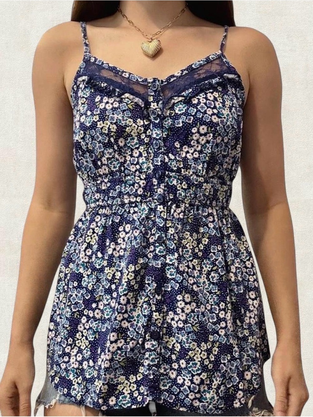 Navy Floral Lace-Trim Spaghetti Strap Tank Top